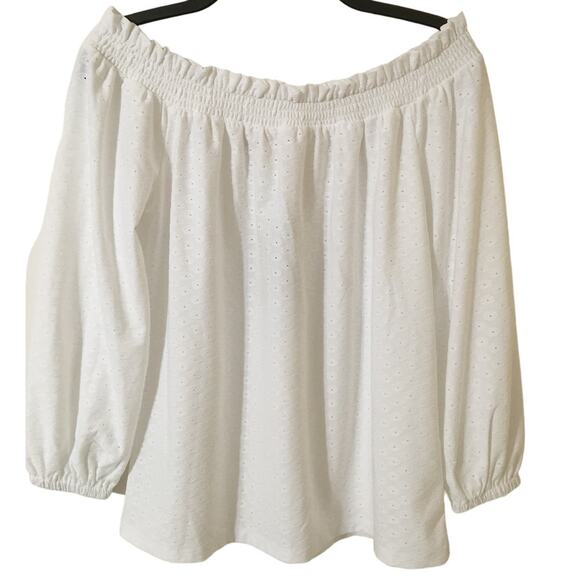NWT Michael Kors Fashion Basics XS White Gathered Off The Shoulder Eyelet Top - Picture 1 of 9